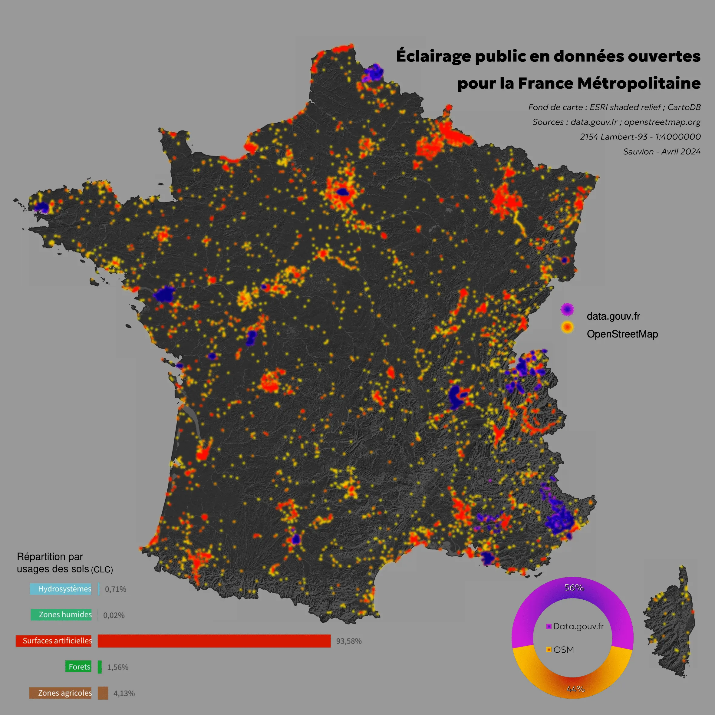 Synthèse des données d'éclairage public en France métropolitaine Représentation de la France métropolitaine avec des points représentant l'éclairage public.