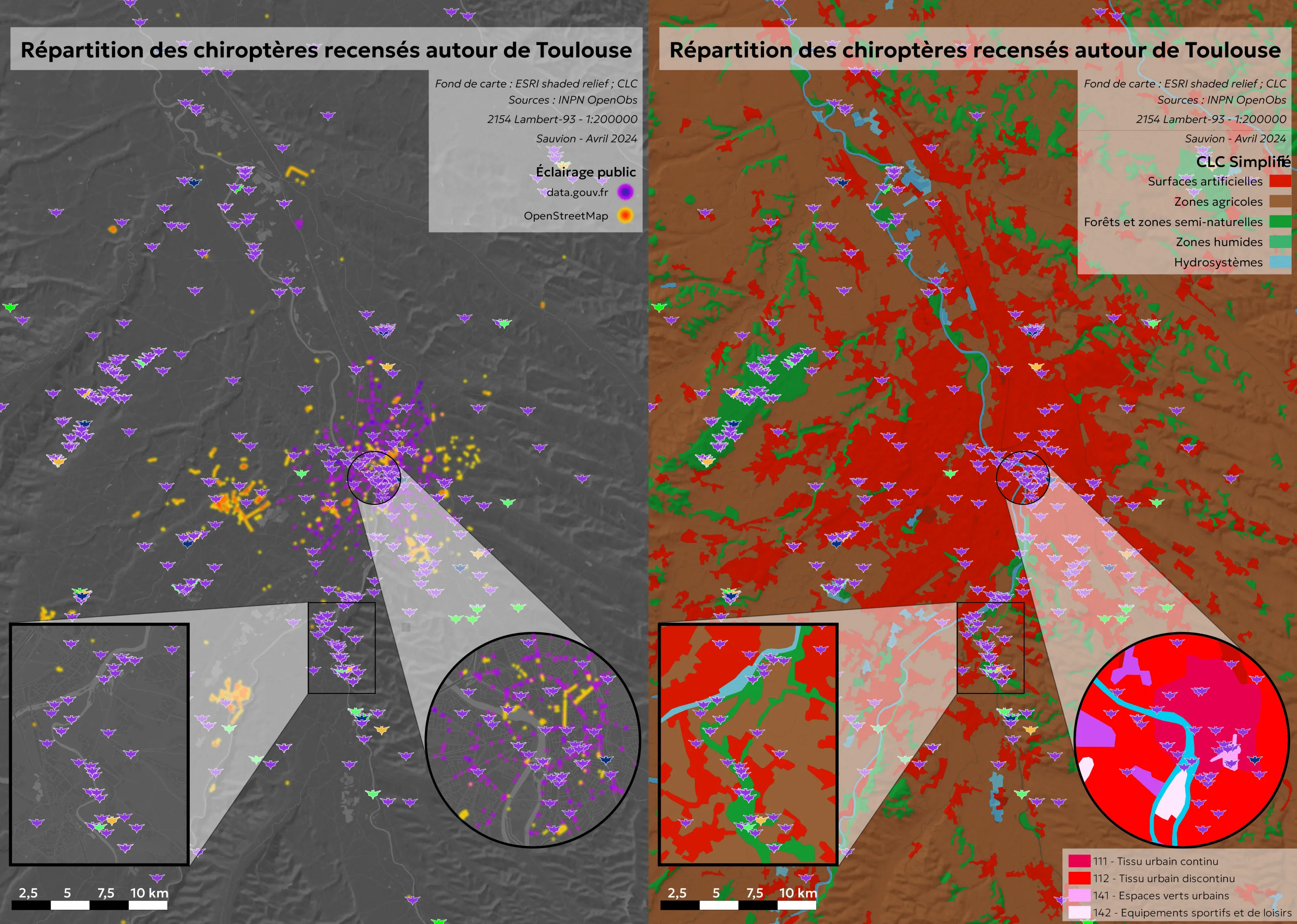 Exemple comparatif de la répartition des chiroptères : éclairage public et occupation du sol Comparatif sur les alentours de Toulouse entre la répartition des chiroptères face aux données d'éclairage public et face aux données d'occupation du sol.